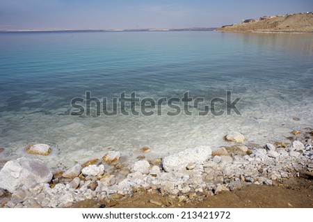 The Dead Sea beaches in Jordan. The Dead Sea is the lowest point on earth at -417 m below the open seas level