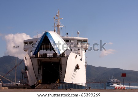 Transportation On The Sea - Large ferryboat in Portoferraio, Elba Island, Italy.