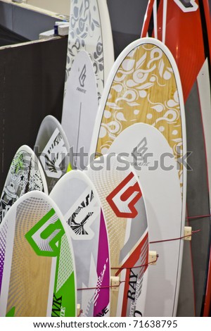 ROME, ITALY - FEBRUARY 19: Big Blue Rome Sea Expo - Boat Show -  In this picture a close view of beautiful windsurf tables exposed for visitors - February 19, 2011 in Rome.