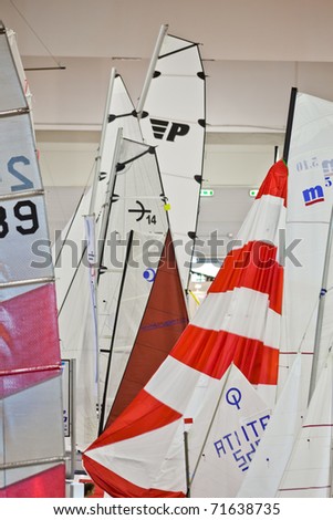 ROME, ITALY - FEBRUARY 19: Big Blue Rome Sea Expo - Boat Show -  In this picture a close view of the colorful sails of the boats exposed at Big Blue - February 19, 2011 in Rome.
