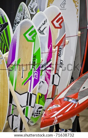 ROME, ITALY - FEBRUARY 19: Big Blue Rome Sea Expo - Boat Show -  In this picture colorful  windsurf tables exposed  in one stand - February 19, 2011 in Rome.