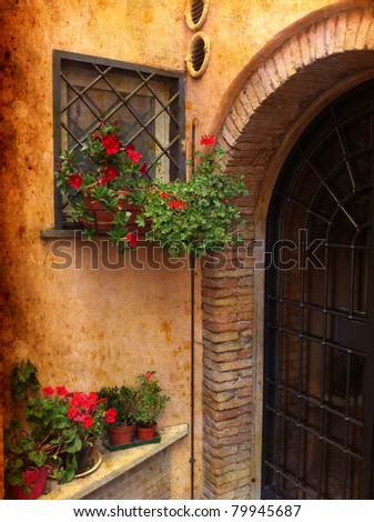 Vintage image from Rome - Detail of wall decorated with red Geraniums - Trastevere, Rome, Italy.