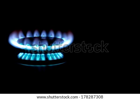 Natural gas burning with blue flame  - stove burner on black background.