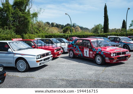 ANGUILLARA SABAZIA, LAZIO, ITALY - APRIL 6, 2014: Many Lancia Delta vintage rally cars joined with the occasion of the 11-th meeting of spring memorial Luciano Polverari.