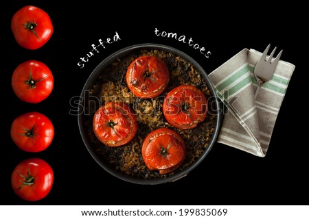 Photo composition of pan with baked stuffed tomatoes and fresh tomatoes, overhead view.
