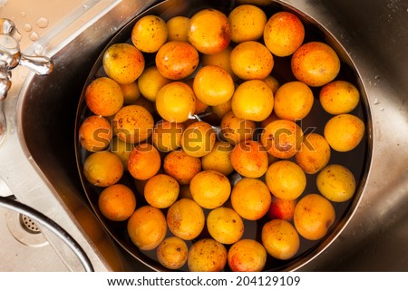 Overhead shot of fresh apricots in the water.