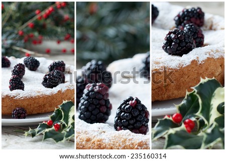 Collage with details of blackberry cake on Christmas table, decorated with blackberries and holly.