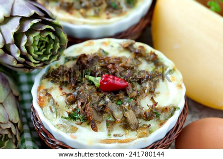 Closeup of flan with vegetables, cheese and ground meat, made with an old recipe from Abruzzo, Italy.