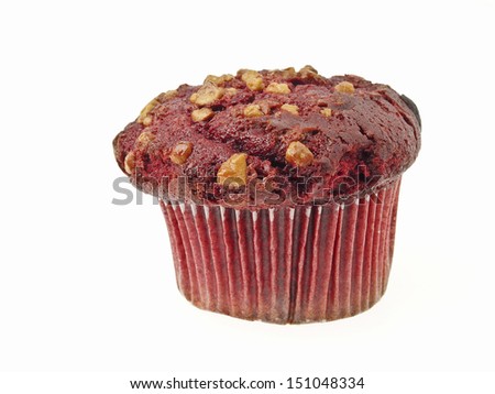red almond muffin cake in paper cup on white background
