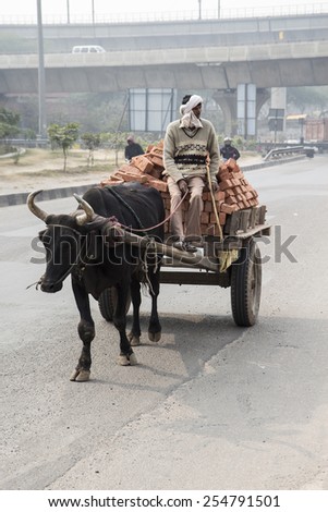 DELHI INDIA - DEC 13 :  transportation by ox and wheelbarrow on M.B. Road, Pulpahladpur. this vehicle is also use transport goods in delhi on december, 13, 2014, india
