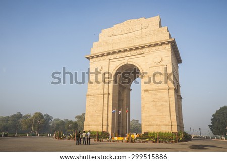 DELHI INDIA - mar 11 :  morning scene of india gate in rajpath, india gate is war memorial of first world war on march, 11, 2015, india