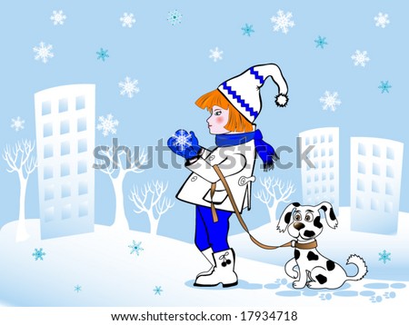stock vector : Cartoon girl and dog on background of cityscape