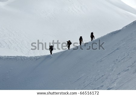 View of a group hiking on slope of high Alps mountains.