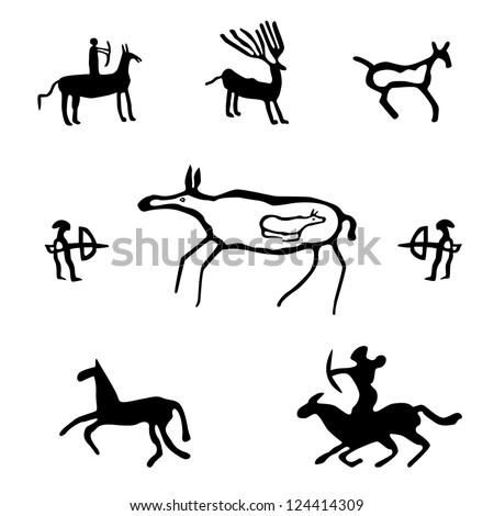 Cave art, ancient wild animals, horses and hunters