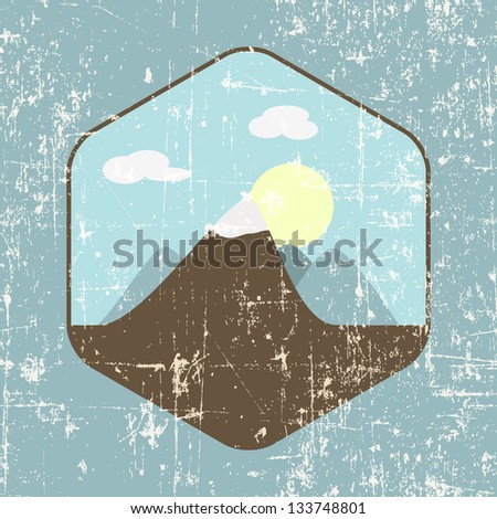 Landscape (mountains and sun) in light colors on grunge background