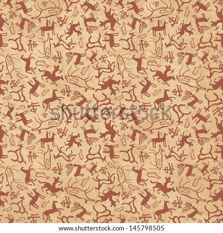 Cave art seamless pattern made of ancient wild animals, horses and hunters