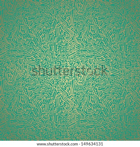 Labyrinth abstract seamless pattern in green color on golden background