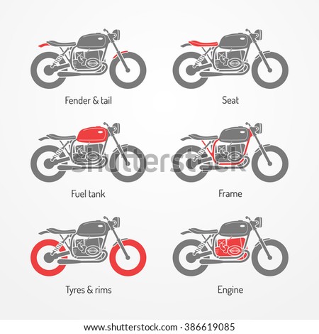 Set of classic motorcycle parts. Classic motorcycle symbols in silhouette style. Classic motorcycle vector stock illustration. Motorcycle store icons, wheels, frame, seat, tank, engine.