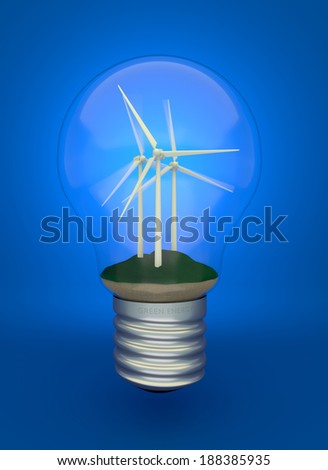 Wind turbines on the grass inside light bulb, eco light bulb