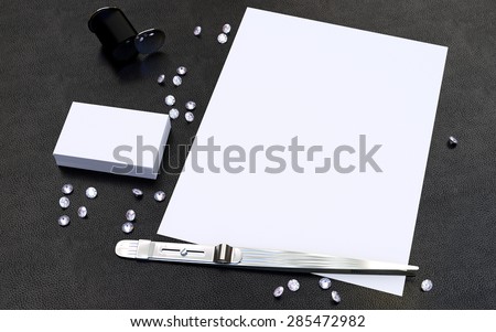 Diamonds, Jewelry tweezer and Eye Loupe with business cards and paper, mockup