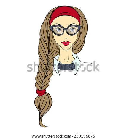 Blond with long hair in big cat-eyes glasses and sweater from under which peeps shirt collar. Line Art