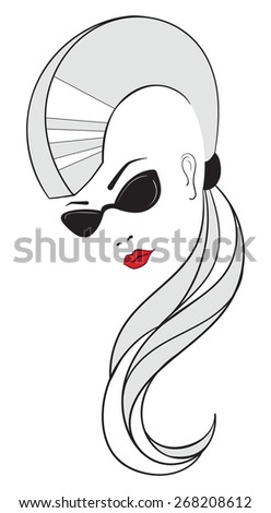 Young women have the haircut with shaved sides and long tail in the back. Glasses defined by lines, cat eyes style. Red lips. Line art