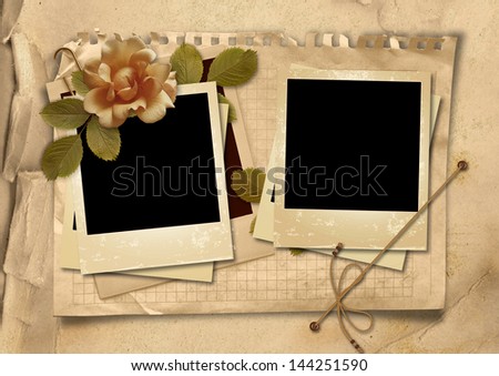 Vintage background with old photo-frames and rose