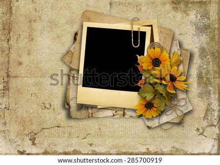 Grungy background with old card and bouquet