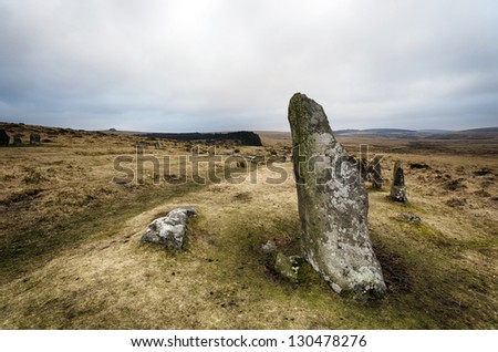 Standing stones at Scorhill stone circle on Dartmoor, also known as Gidleigh Stone Circle or Steep Hill Stone Circle.