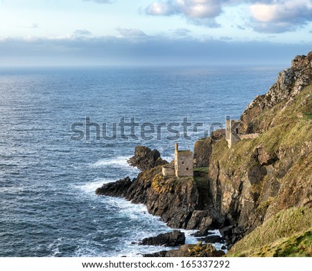 Cornish tin mines perched on the edge of steep cliffs at Botallack near Lands End in Cornwall