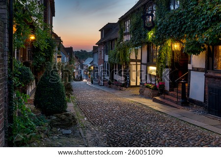 Nighttime on the cobbles at Mermaid Street in East Sussex