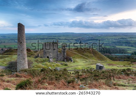 The ruins of ancient copper mining buildings on Caradon Hill on Bodmin Moor in Cornwall