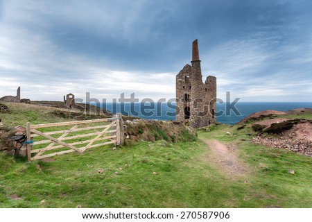 The ruins of Wheal Owles and old engine house from copper mining on cliffs at Botallack on the Cornish coast, also used in TV series