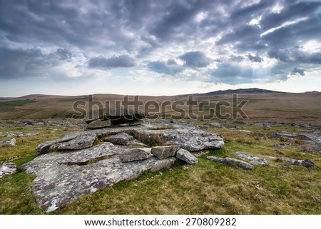 Granite slabs on Leskernick Hill on Bodmin Moor in Cornwall, looking out toward Brown Willy in the far right