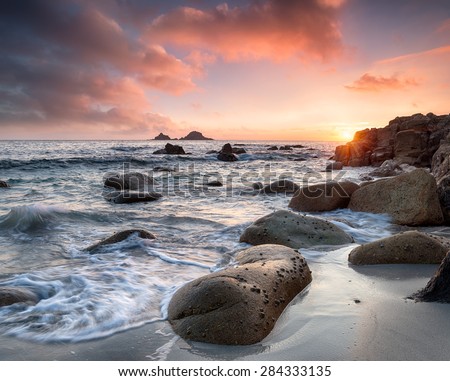 Sea rounded boulders at Porth Nanven beach in the far west of Cornwall