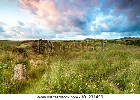 Sunset at King Arthur\'s Hall a neolithic monument of standing stones on Bodmin Moor in Cornwall