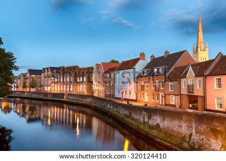 Historic town houses at night on Quay Side in Norwich, Norfolk