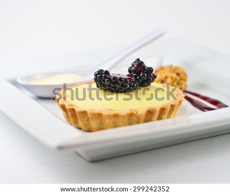 Gourmet Dessert. Cream-tart with black berry and berry coulis