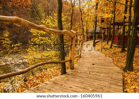 Autumn landscape - wooden path on the river shore