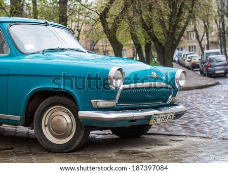 LVIV, UKRAINE - APR 15: Vintage restored and tuned cyan blue GAZ-M-21 \