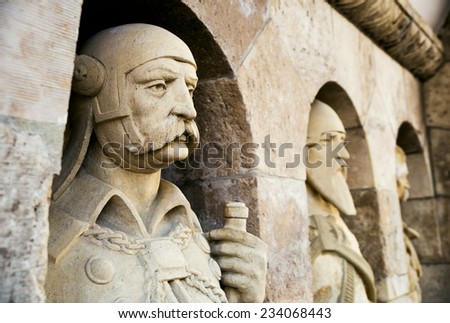 Knight sculptures at Fisherman\'s Bastion (Halaszbastya), Buda, Budapest, Hungary