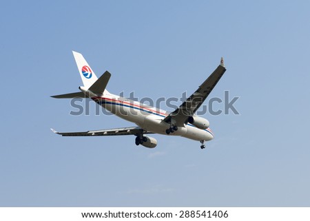 SHANGHAI, CHINA, April 2,  2015:  China Eastern Airlines A330 flying in the sky.