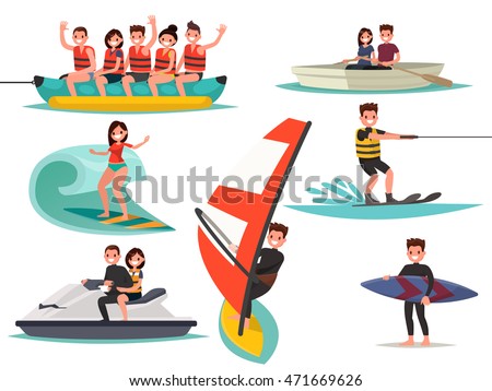 Set of summer water active recreation. Banana boat, surfing, windsurfing, jet ski, water ski. Vector illustration of a flat design