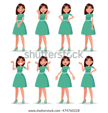 Set girl dressed in a dress with a variety of emotions and poses. Vector illustration