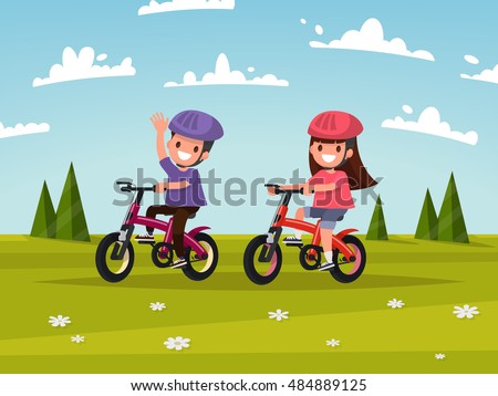 Cycling. Boy and girl go for a drive on bicycles on meadow. Vector illustration of a flat design