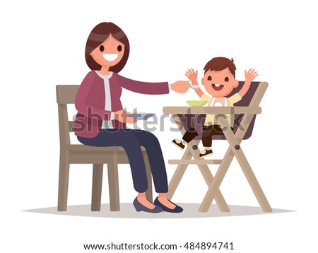 Child Feeding. Mother feeds the baby sitting in the highchair. Vector illustration of a flat design