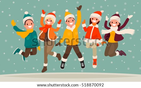 Happy winter vacation. Warmly dressed people in the jump. The concept of active rest and joyful pastime. Vector illustration in a flat style