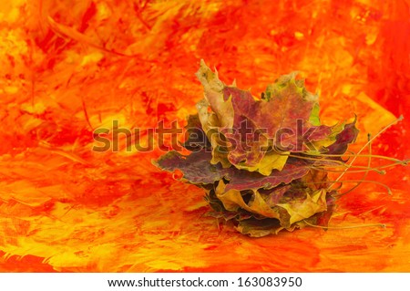 Autumn collection: A pale of autumn leaves on colored background