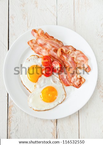 Eggs and bacon with tomato for breakfast