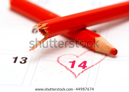 Calendar reminder 14 February St. Valentine\'s Day and broken red pencil